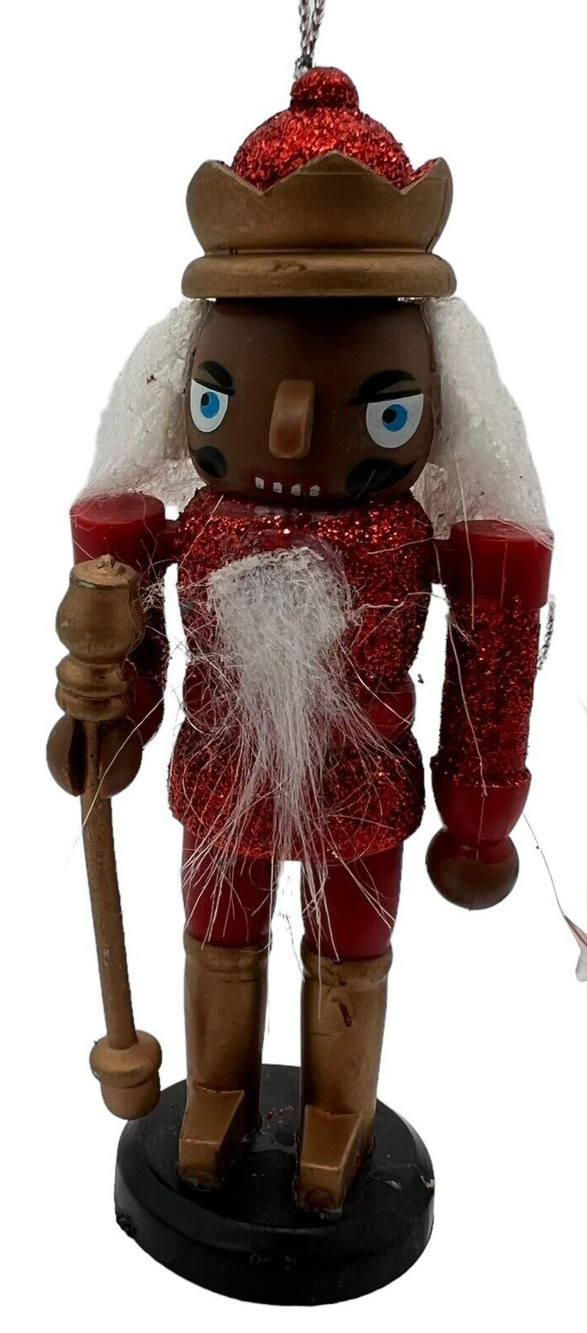 Ethnic Dark Skin Nutcracker Christmas Ornament 4.5 in Red Sparkle Uniform NWT